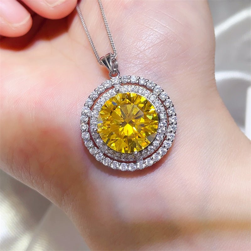 Yellow 10 Carat Moissanite Pendant Necklace Double Halo Round Chain Necklace – view 2