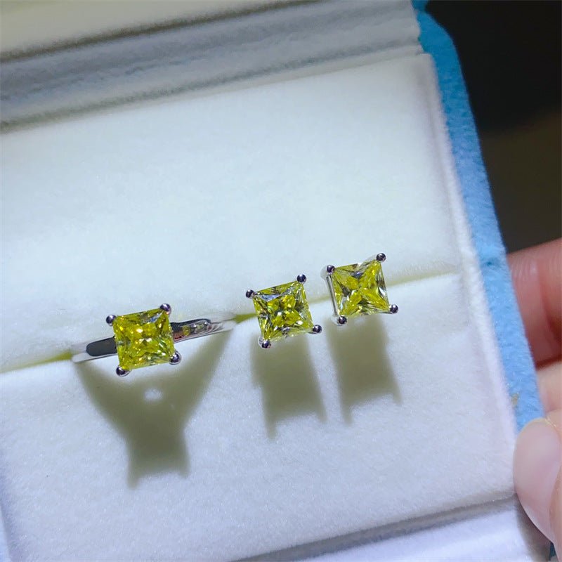 Lemon Yellow Princess Cut Moissanite Ring and Stud Earrings Set for Women – view 2