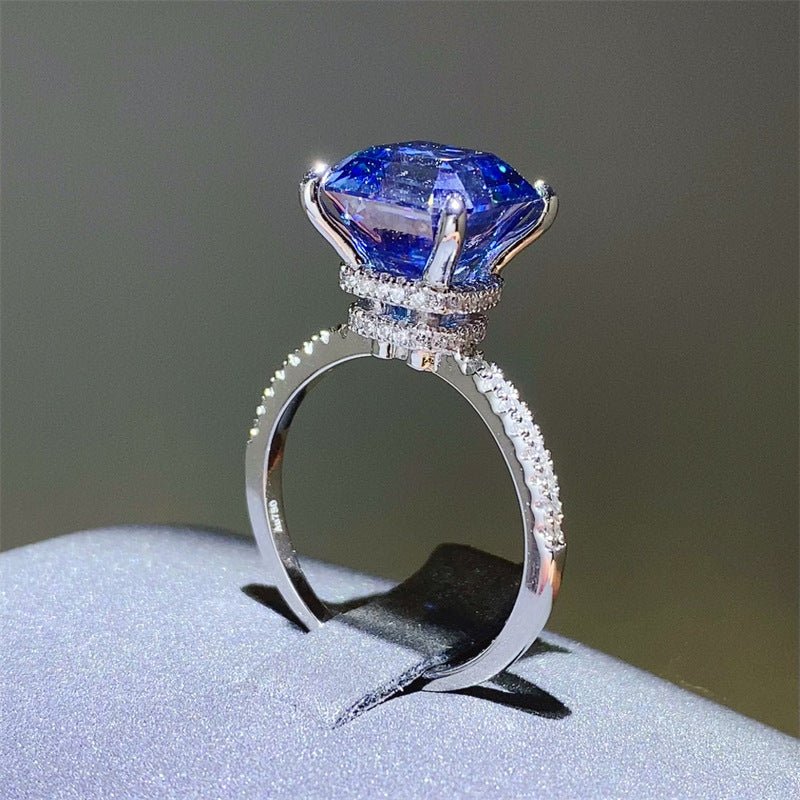 Blue Asscher Cut Moissanite Ring for Women, 5 Carat Square Halo Engagement Ring, Pavé Band Promise Ring – view 2