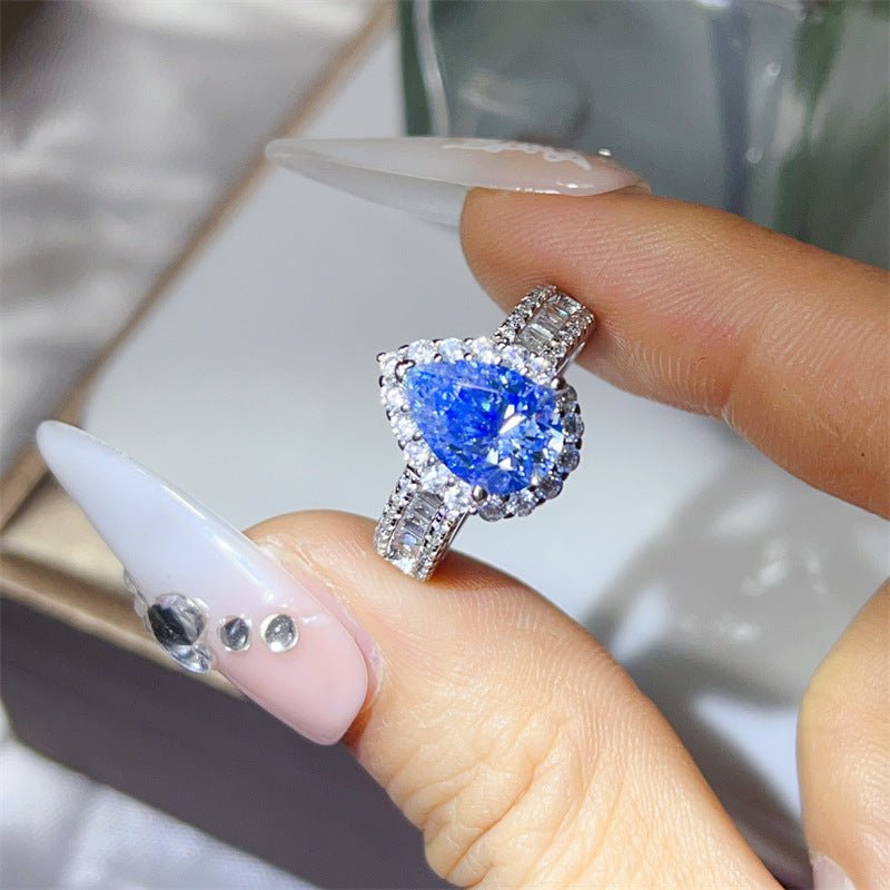 2 Carat Pear Cut Moissanite Halo Ring for Women, Colored Teardrop Engagement Ring with Baguette Band – view 3