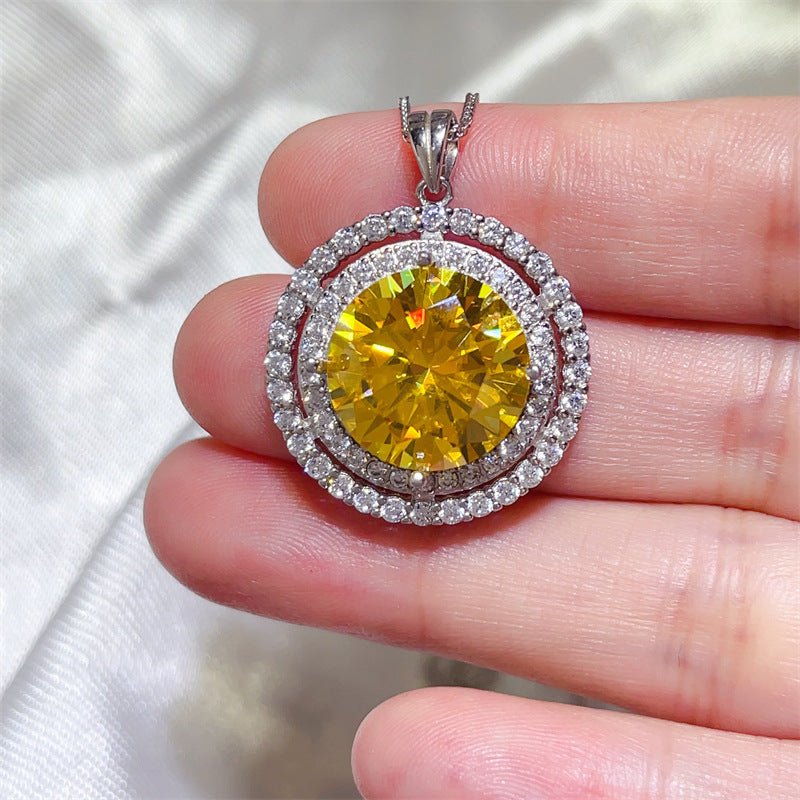 Yellow 10 Carat Moissanite Pendant Necklace Double Halo Round Chain Necklace – view 3