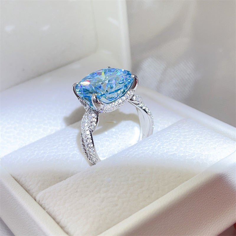 Blue Moissanite Ring for Women, 10 Carat Round Four-Prong Statement Engagement Ring with Pavé-Style Band – view 3