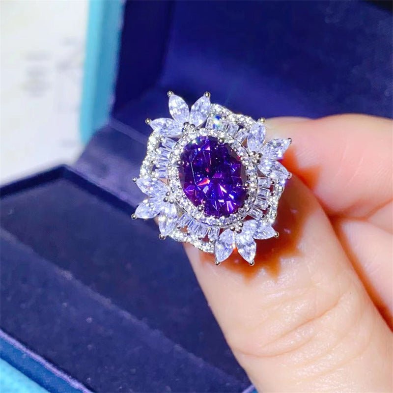 Oval Moissanite Halo Ring for Women, 2 Carat Colored Engagement Ring, Geometric U Shape Statement Ring – view 3