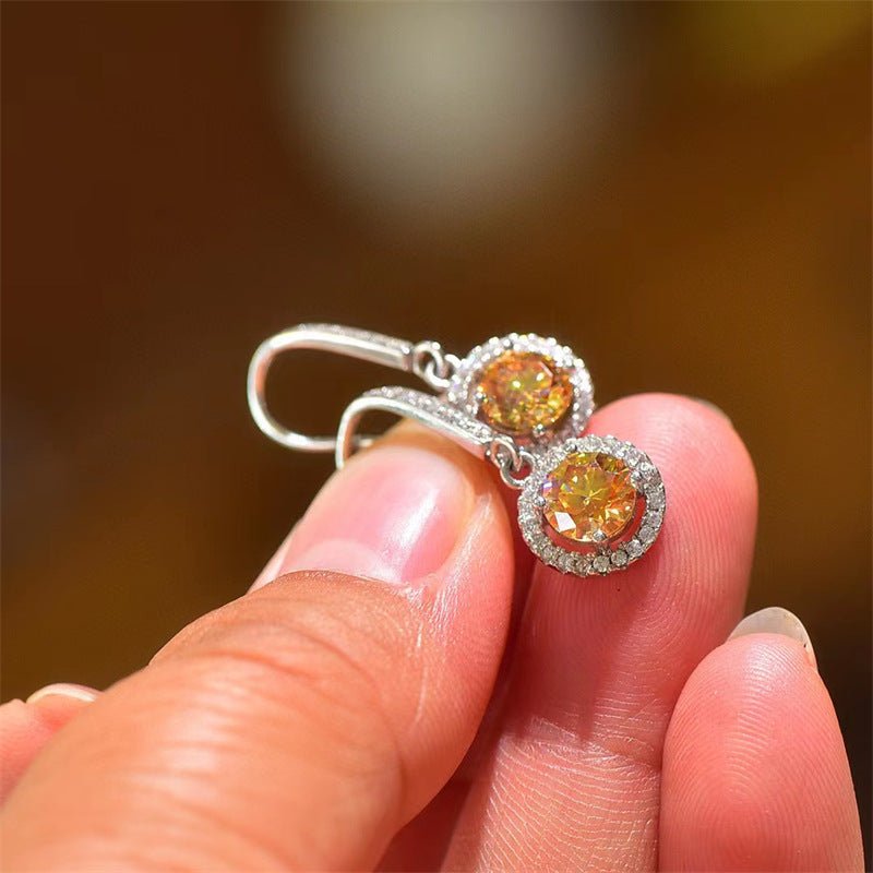 Yellow Moissanite Round Halo Drop Earrings, Sparkling Dangle Earrings for Women – view 3