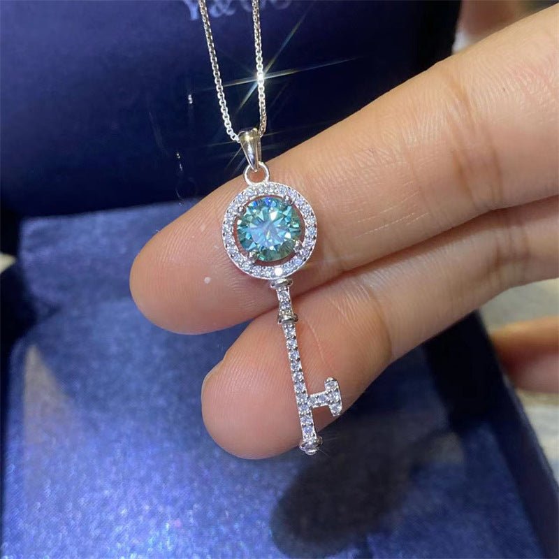 Green Moissanite Key Pendant Necklace, Halo Charm Necklace with Chain – view 3