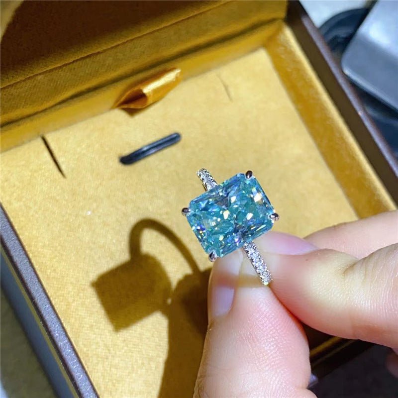 Mint Green Moissanite Ring for Women, Elongated Rectangular Stone Engagement Ring, Pave Band Promise Ring, 1 Carat 2 Carat 3 Carat 5 Carat – view 3