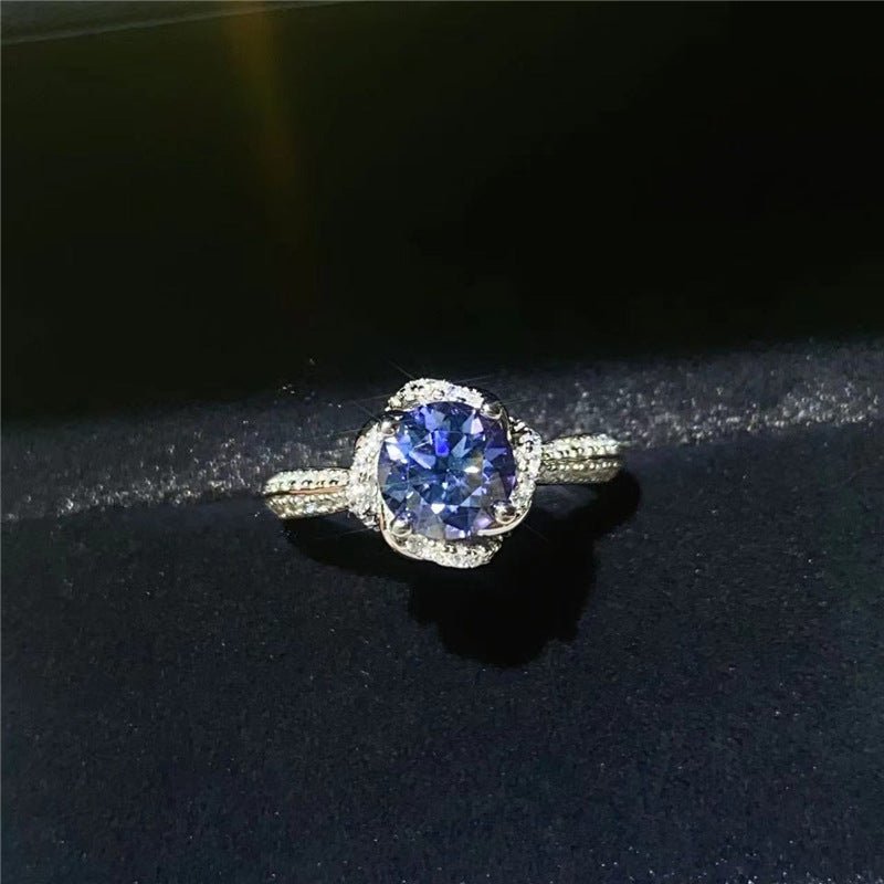 Blue Moissanite Halo Ring for Women, 1 Carat U-Shape Engagement Ring Style – view 3