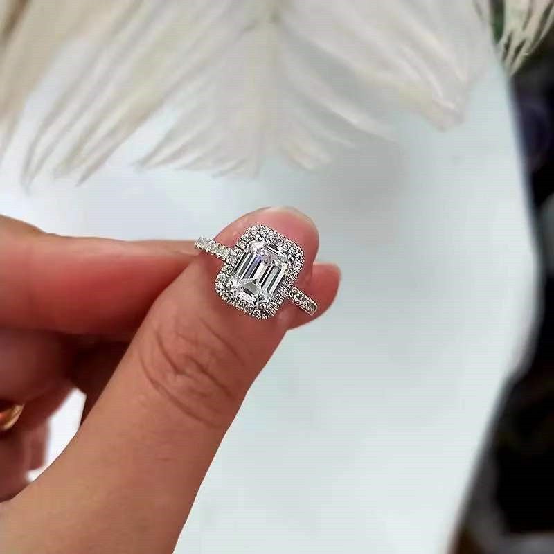 Emerald Cut Moissanite Halo Ring for Women, 1CT/2CT Engagement Promise Ring – view 3