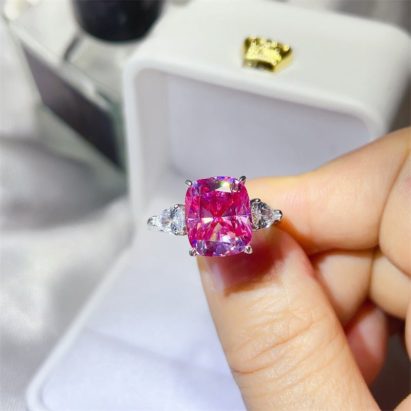 Pink 5 Carat Cushion Cut Moissanite Three-Stone Ring for Women – view 3