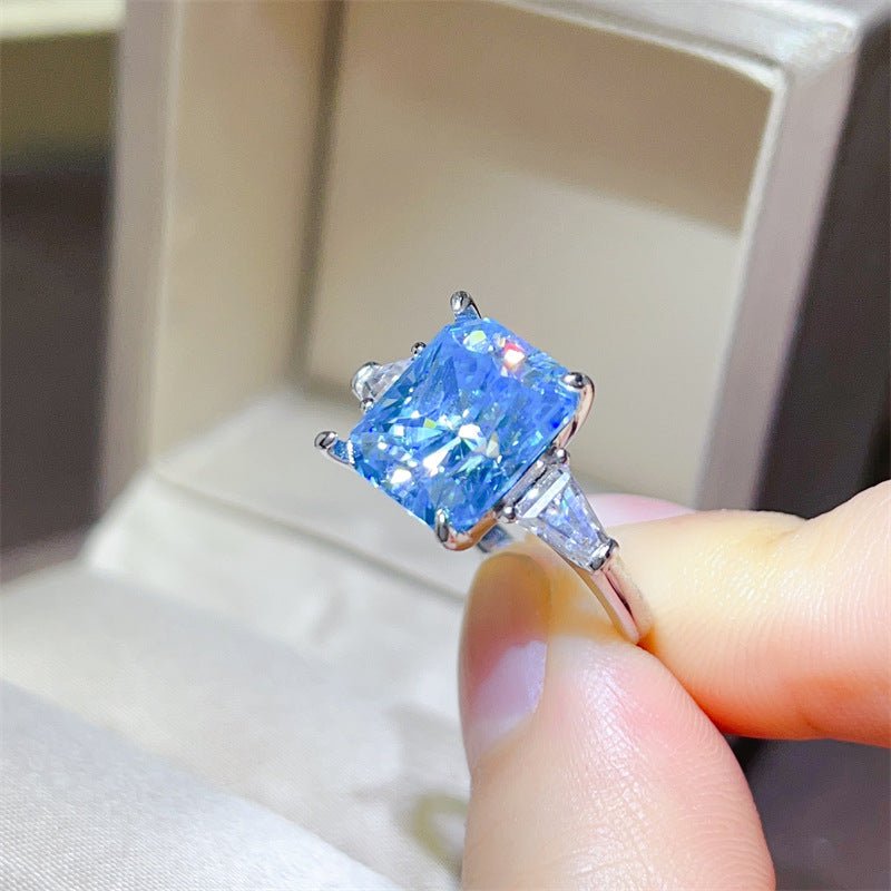 5 Carat Blue Moissanite Ring for Women, Radiant Cut Three-Stone Engagement Ring, U-Shaped Silver Tone Band – view 3