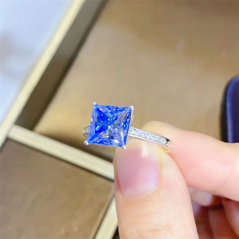Blue Square Cut Moissanite Ring with Pave Band, Engagement Ring for Women – view 3