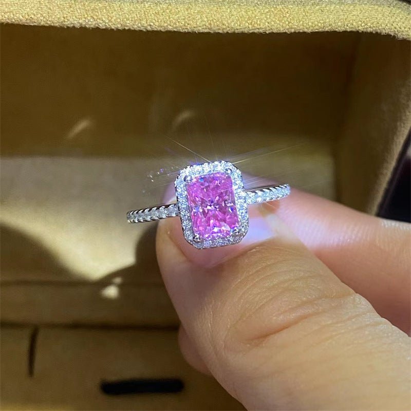 Pink Moissanite Halo Ring, Radiant-Cut Pavé Ring for Women, Size 8-19 – view 3