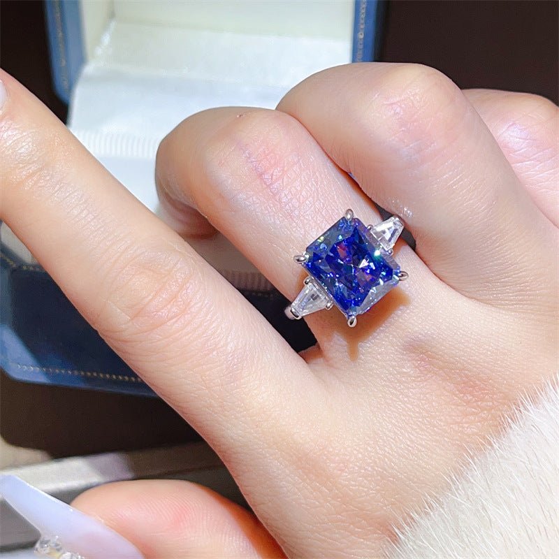 5 Carat Blue Moissanite Ring for Women, Radiant Cut Solitaire Engagement Ring with Tapered Side Stones – view 3
