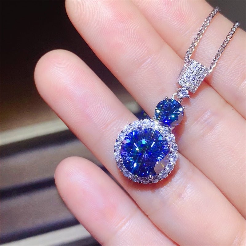 Blue Moissanite Halo Pendant Necklace Round Drop Clavicle Chain – view 3