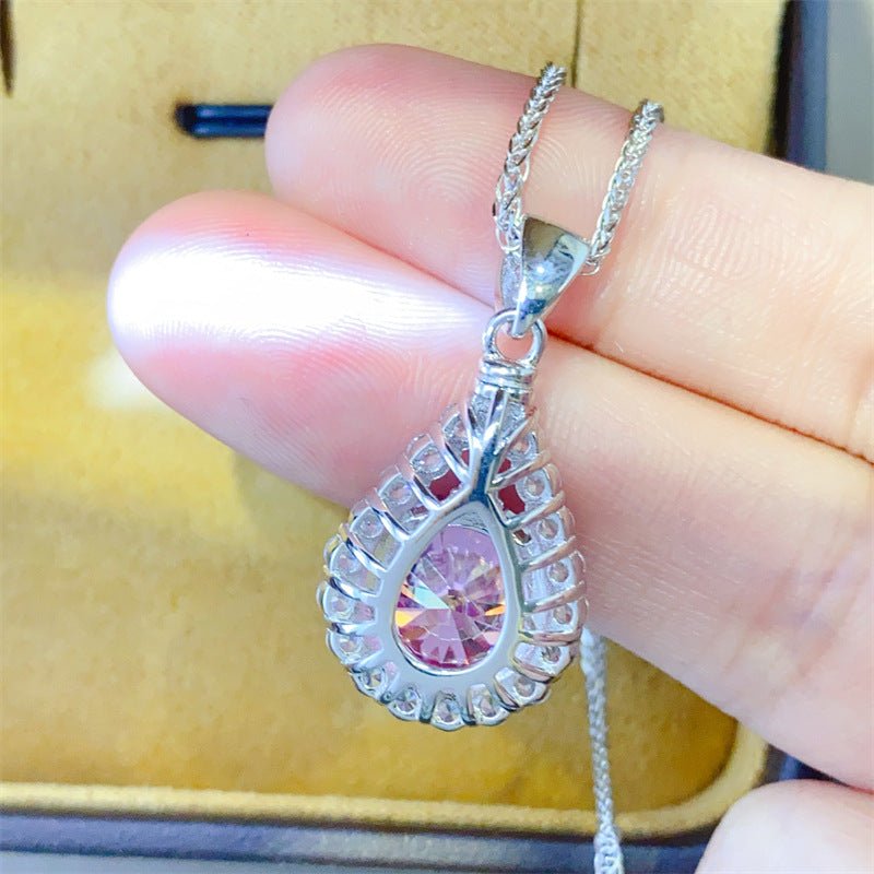Pink Moissanite Teardrop Halo Pendant Necklace, 1 to 10 Carat Statement Clavicle Chain – view 3