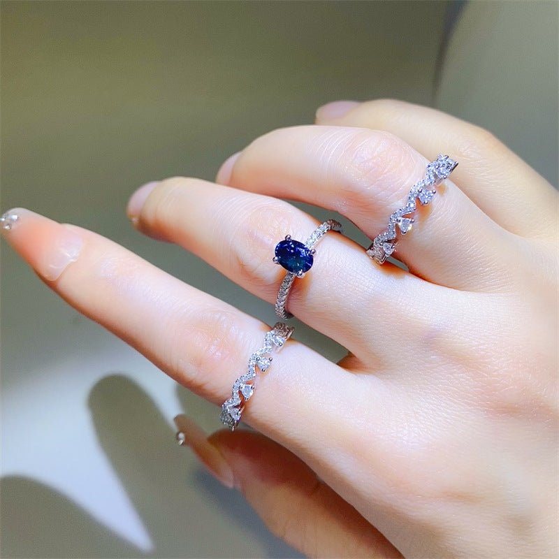 Blue Oval Moissanite Ring Set for Women, Geometric Statement Engagement Ring Style, 3 Piece Stackable Ring – view 3