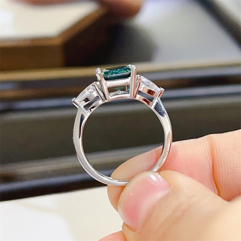 Green Moissanite Three Stone Ring for Women, Emerald Cut Promise Engagement Ring – view 3