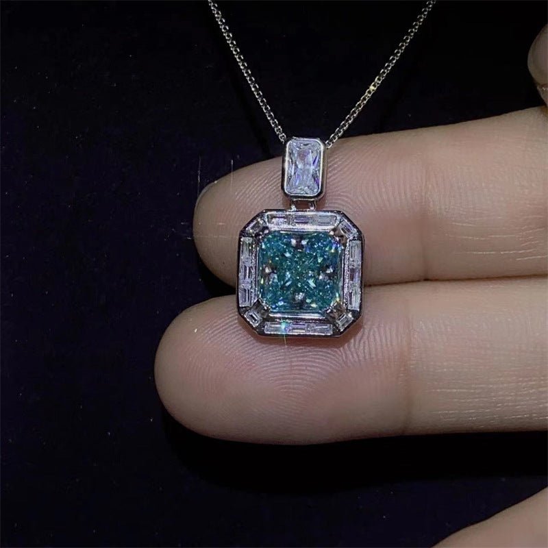 Blue Moissanite Square Pendant Necklace, Geometric Halo Gift Jewelry – view 3