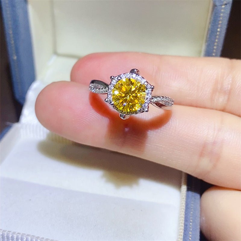 Yellow Moissanite Flower Ring for Women, 1 Carat or 2 Carat Engagement Ring, Floral Promise Ring in White Tone – view 3