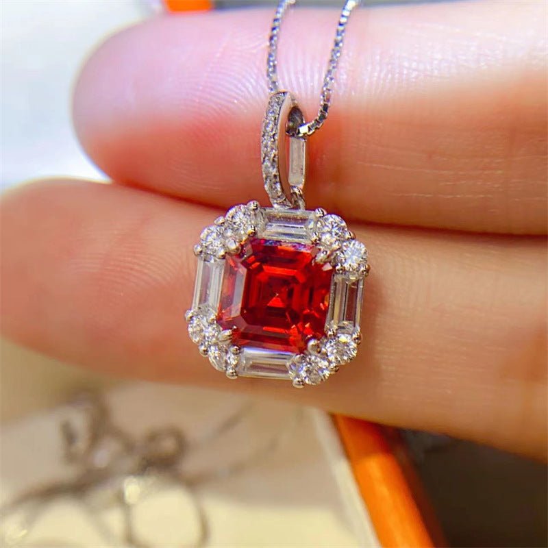 Red Asscher Cut Moissanite Pendant Necklace or Ring, Halo Pavé Jewelry Gift for Women – view 3