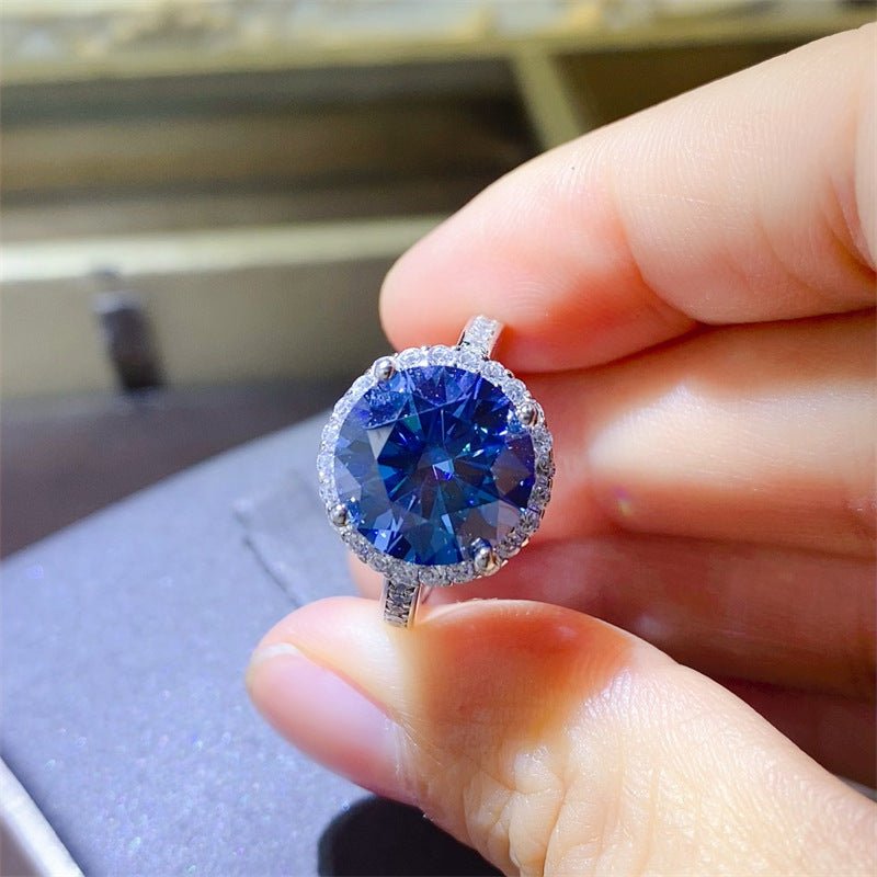 Blue Moissanite Halo Ring for Women, Round Cut Engagement Ring, 1 Carat 2 Carat 3 Carat 5 Carat Promise Ring – view 3