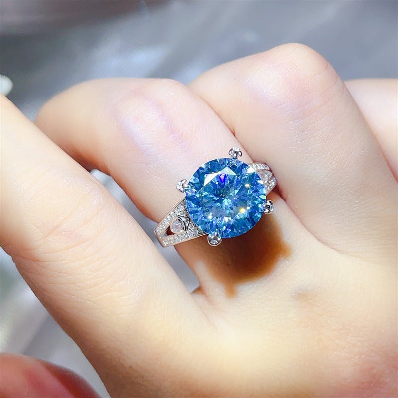 Blue Round Moissanite Ring for Women, 5 Carat Style Solitaire Engagement Ring with Side Accent Detail – view 3