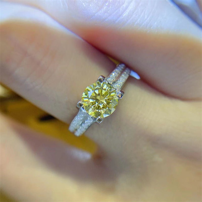 Yellow Moissanite Crown Ring Double Row Pavé Band Engagement Style Ring – view 1