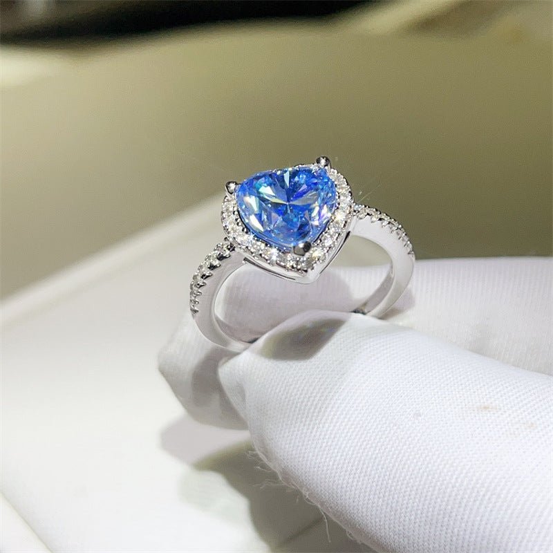 Blue Heart Moissanite Halo Ring for Women, Engagement Promise Wedding Ring – view 3