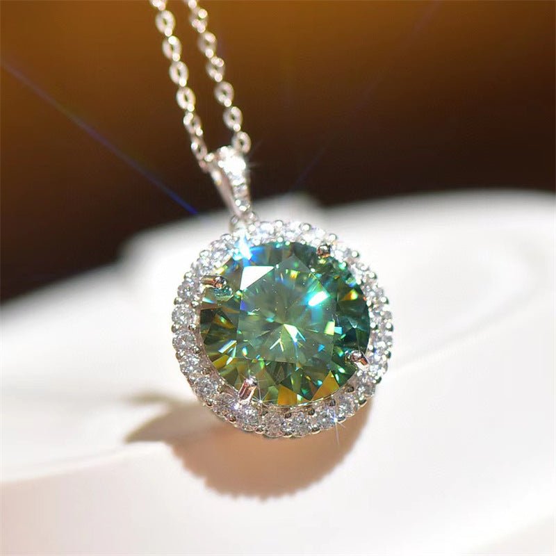 Green Moissanite Halo Pendant Necklace, Round Cut Sparkling Jewelry for Women – view 3