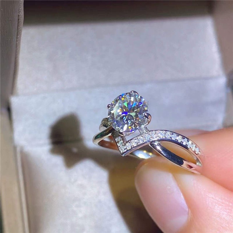 VVS Moissanite Engagement Ring for Women, Four-Prong Round Solitaire Ring with Pavé V Band – view 2
