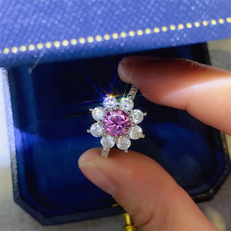 Pink Moissanite Flower Halo Ring for Women, Promise Ring, Size 8-20 – view 3