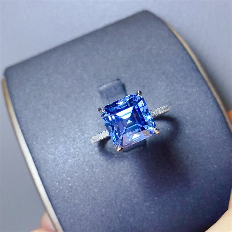 Blue Asscher Cut Moissanite Ring for Women, 5 Carat Square Halo Engagement Ring, Pavé Band Promise Ring – view 3