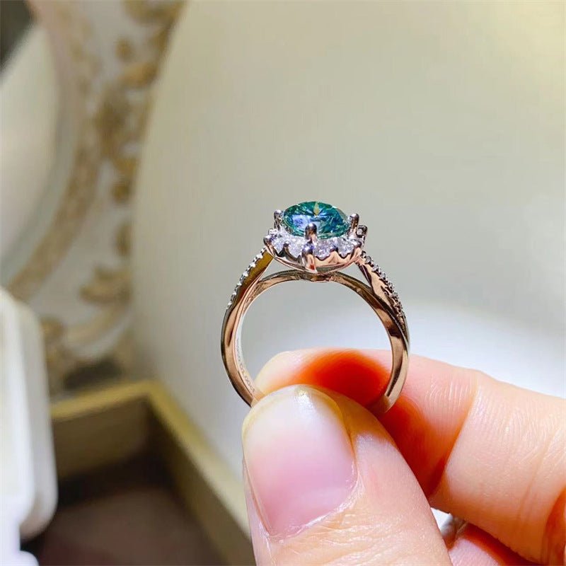 Green Moissanite Halo Ring for Women, Round Cut Engagement Ring, Promise Ring, Size 9-19 – view 3