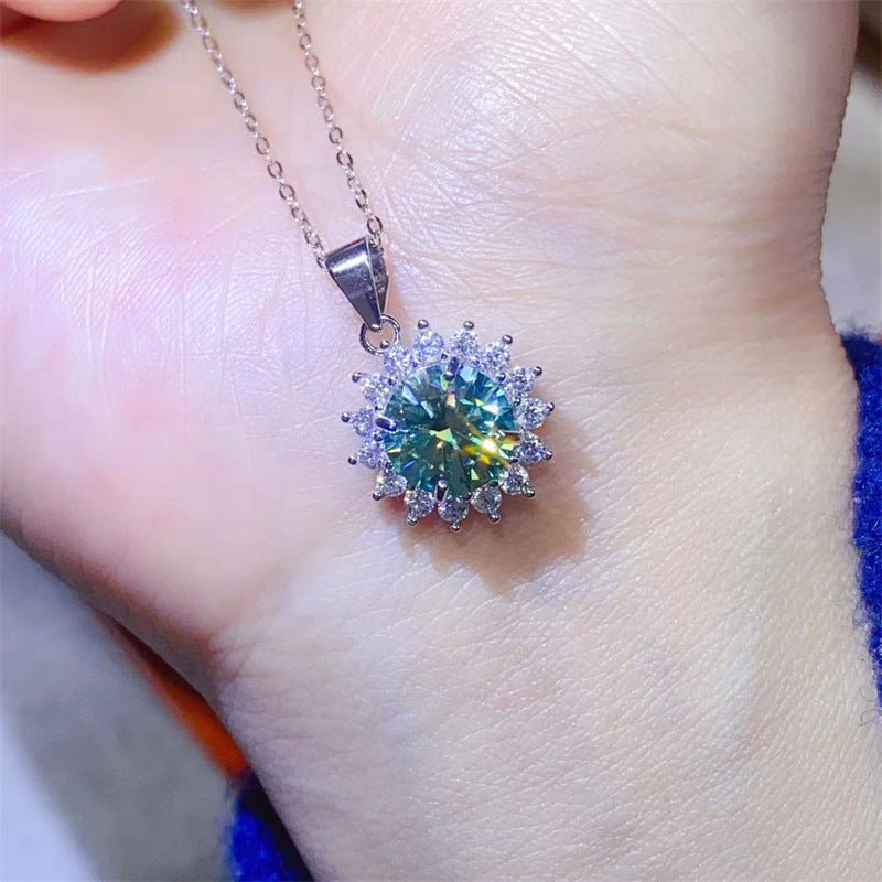 Green Moissanite Sunflower Jewelry Set, Pendant, Ring & Earrings – view 3