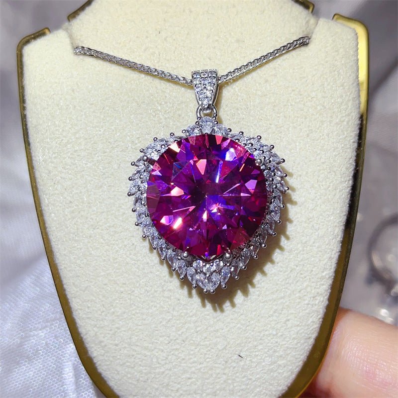 20 Carat Round Moissanite Halo Pendant Necklace, Large Color Stone Statement Necklace – view 3