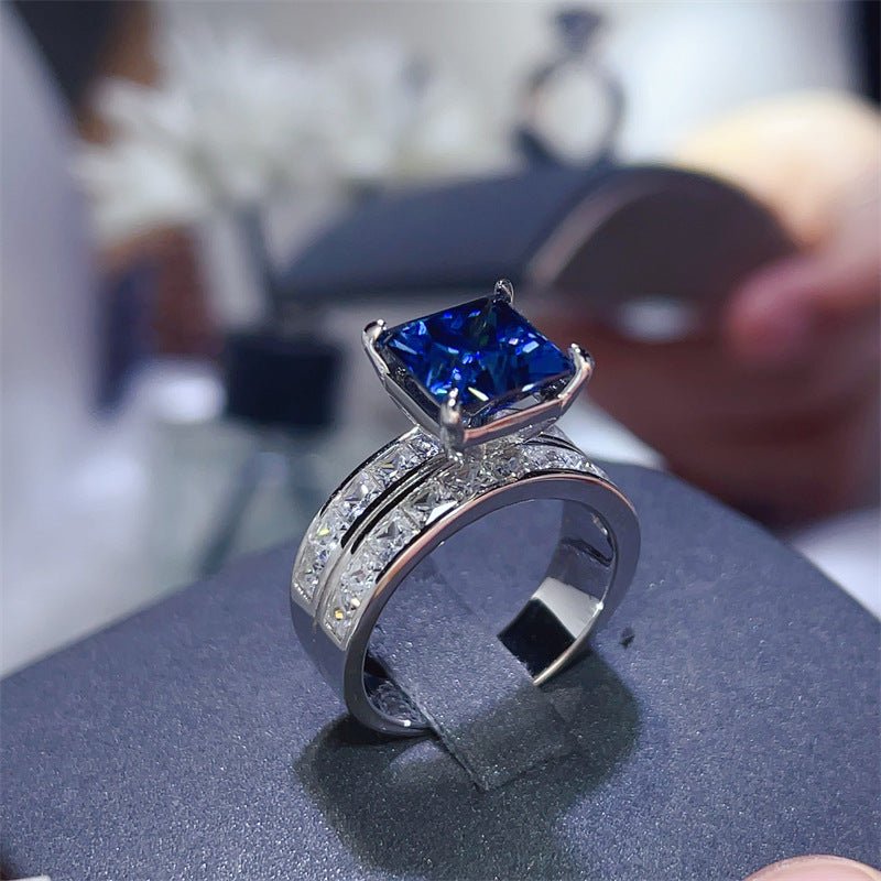 Blue 3 Carat Princess Cut Moissanite Ring Wide Band Pavé Style Ring – view 3