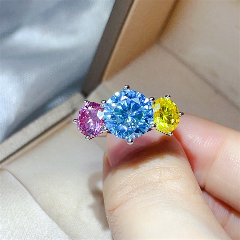 5 Carat Multicolor Three-Stone Moissanite Ring for Women, Blue Center with Pink and Yellow Side Stones – view 3