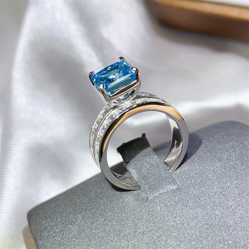 Blue Moissanite Ring with Wide Double Band Statement Ring – view 3