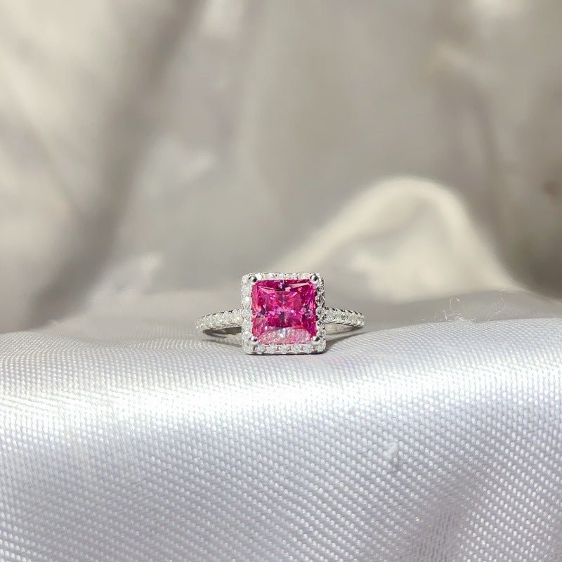 Princess Cut Halo Moissanite Ring for Women, Pink or Blue Engagement Ring, S925 Polished Statement Ring – view 3