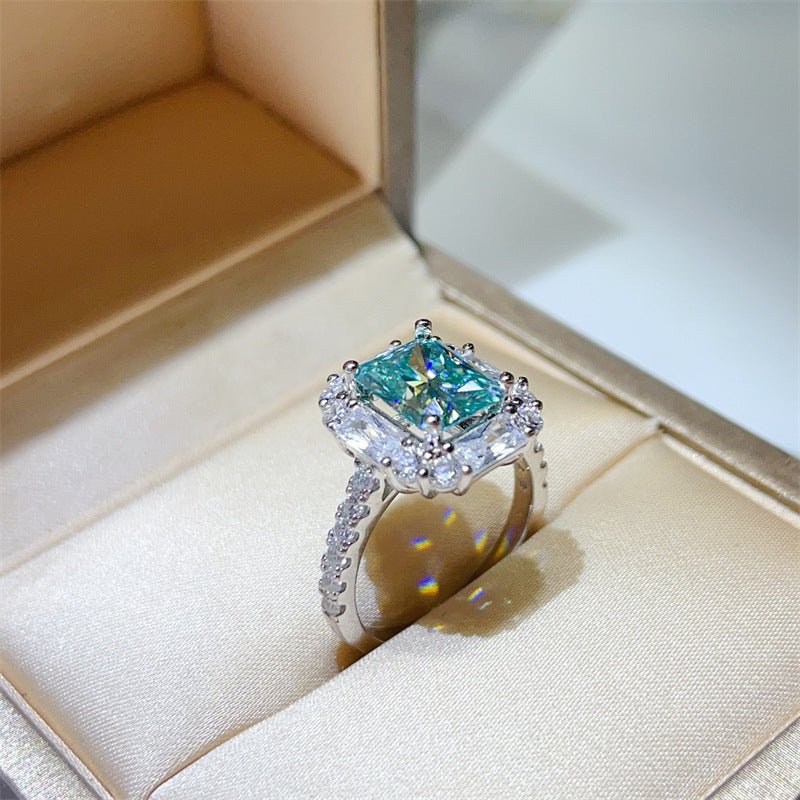 3 Carat Green Radiant Cut Moissanite Halo Ring for Women, Geometric Engagement Ring, Rectangular Statement Ring – view 3