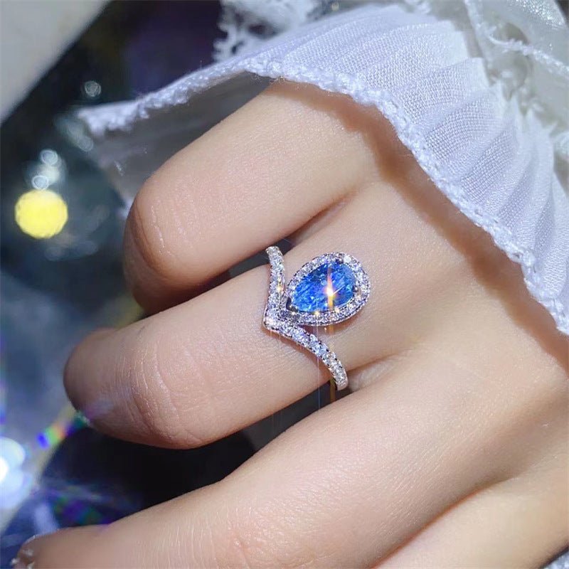 Blue Moissanite Halo Ring for Women, Pear Cut V-Shape Band, Promise & Engagement Style – view 3