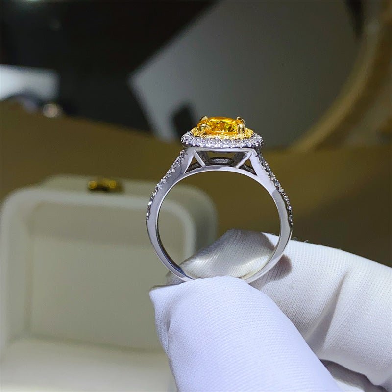 Yellow Moissanite Halo Ring for Women, Cushion Cut Engagement Ring Style, Geometric U-Shape Band – view 3