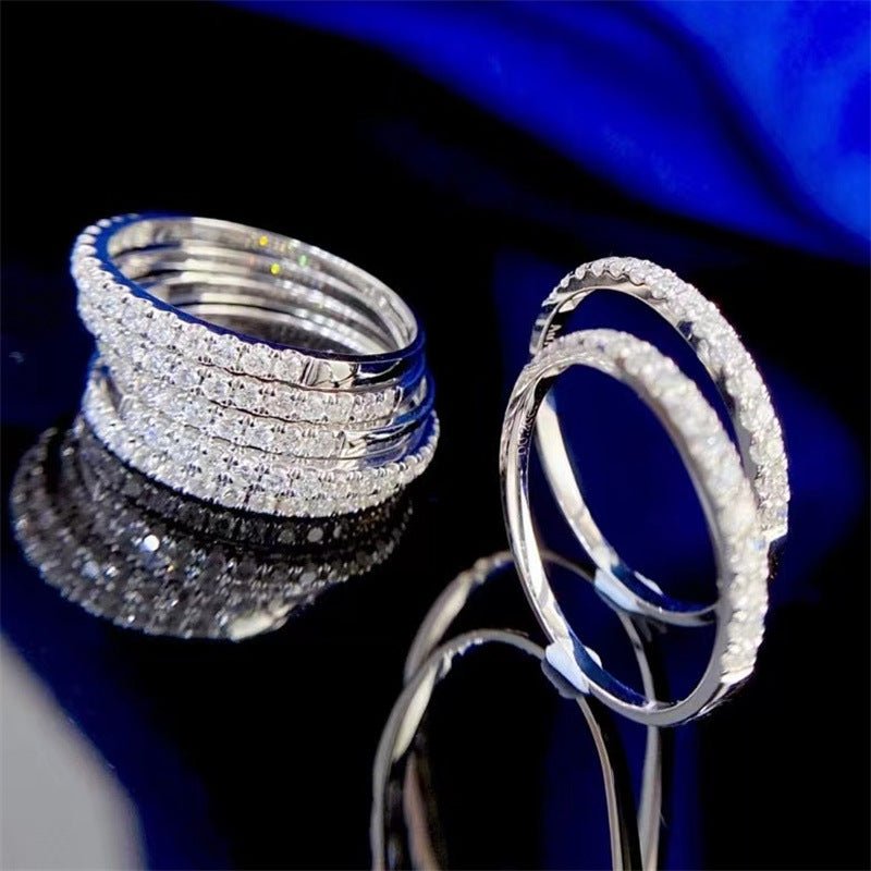 Moissanite Pave Band Ring for Women, Slim Stacking Ring in White Tone, Minimal Sparkle Promise Ring, Tail Ring, Sizes 9-19 – view 3
