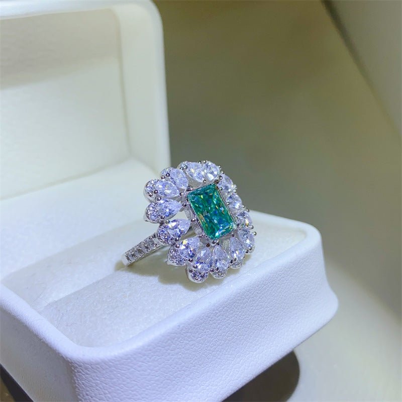 Green Moissanite Halo Ring for Women, Rectangular Geometric Statement Engagement Ring, 1 Carat 2 Carat 3 Carat – view 3