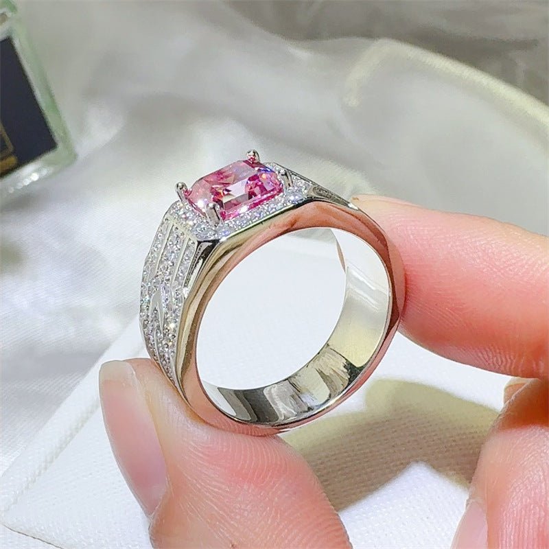 Pink Asscher Cut Moissanite Ring with Halo Pavé Band – view 3