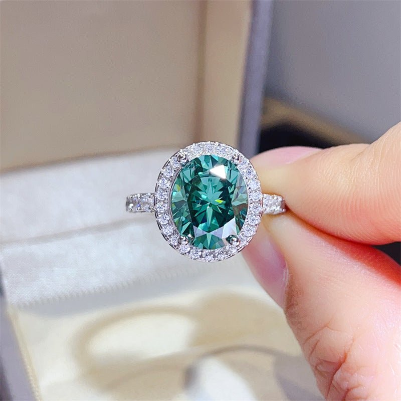 Green Moissanite Halo Ring for Women, Oval Cut Micro Pave Engagement Ring, 1CT 2CT 3CT 5CT – view 3