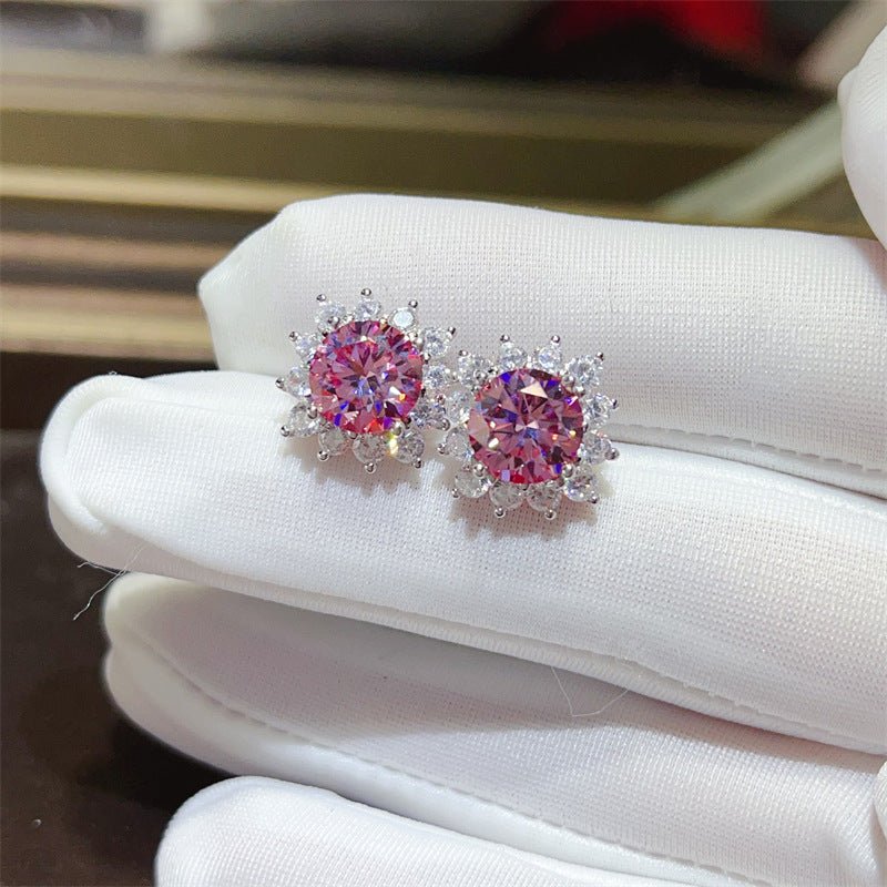 Pink Round Moissanite Stud Earrings with Halo Accent for Women – view 3