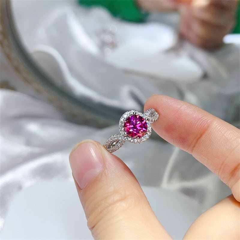 Round Halo Moissanite Ring for Women, Split Shank Engagement Ring, 1 Carat Color Stone Promise Ring – view 3