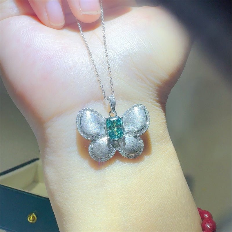 Green Radiant Moissanite Butterfly Pendant Necklace – view 3