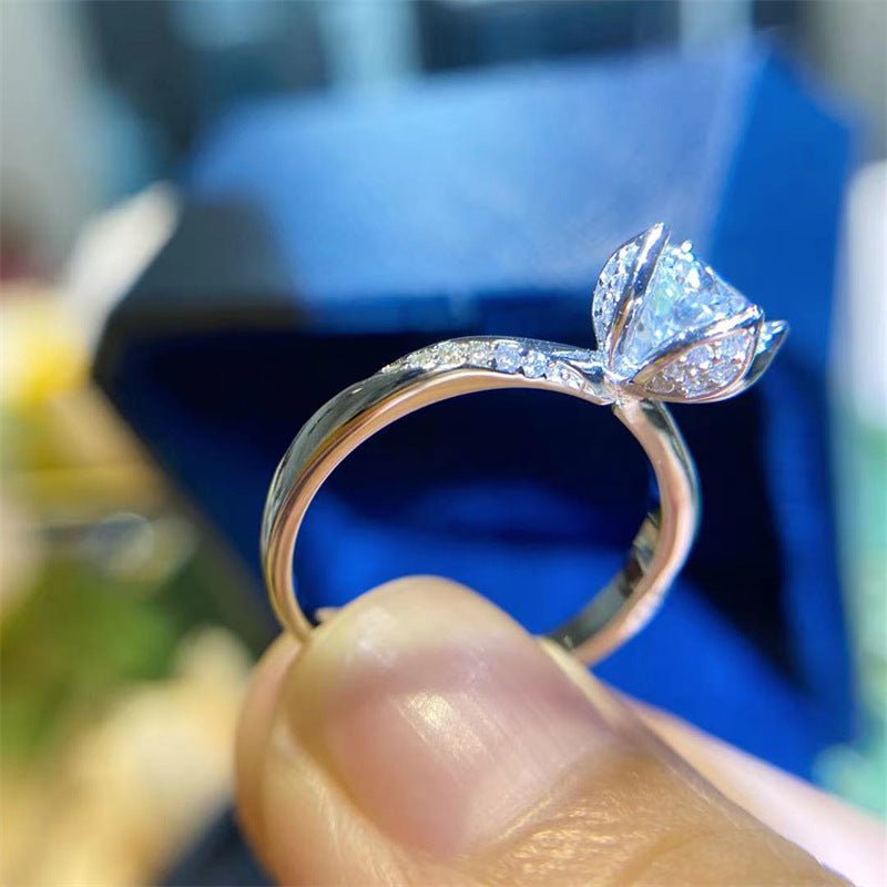 Flower Bud Moissanite Ring for Women, Adjustable Open Band Promise Engagement Ring – view 3